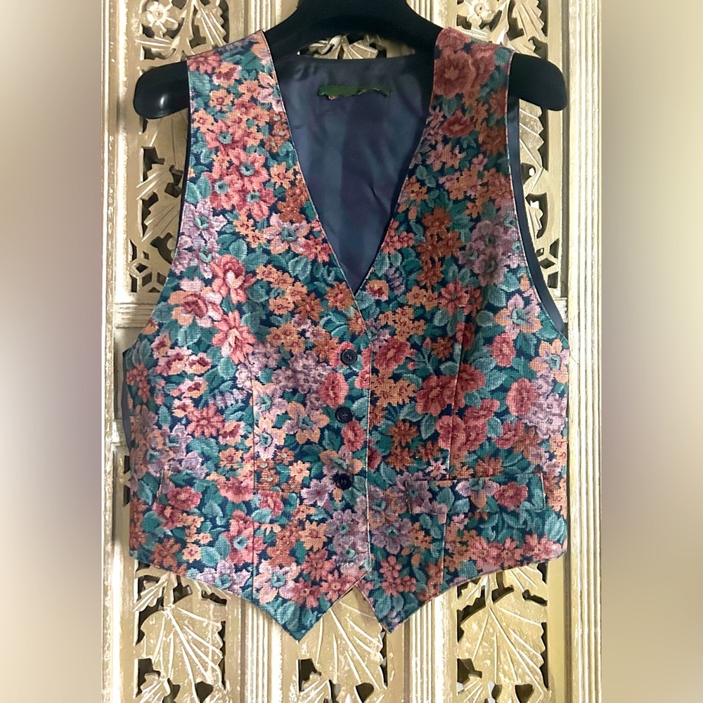 Vintage 90s floral tapestry dress vest blue pink green orange nature cottagecore